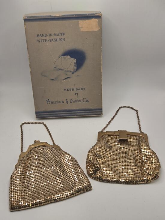 Whiting & Davis Handbags - Whiting & Davis 2 Gold Mesh Purses Hand Bag Clasp Coin Purse Vintage w/ Box